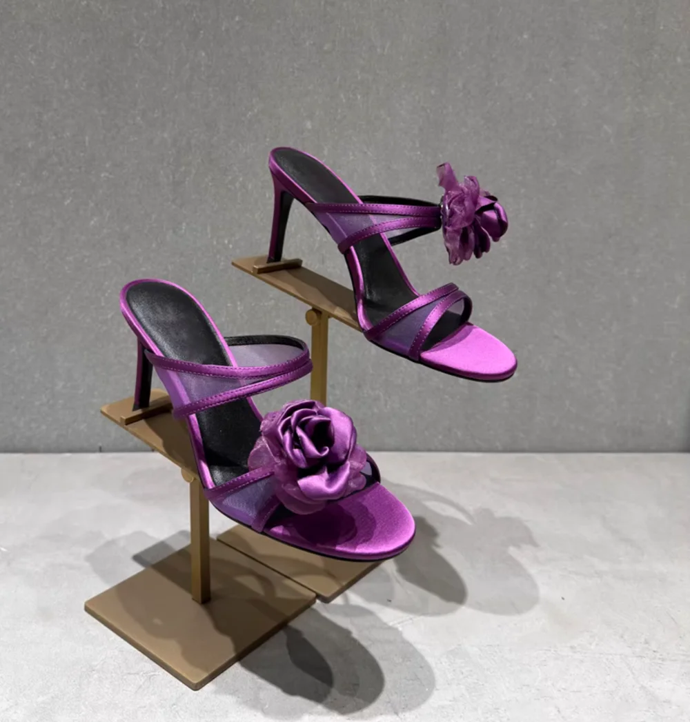 

Elegant Purple Satin Round-Toe Stiletto Sandals Rose Flower Sheer Mesh Strap Detail Open-Toe Design Women's High Heel