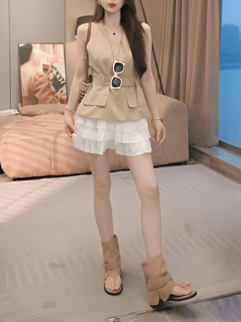 

Fashionable 2026 Summer Women's Slimming Top And Short Skirt Two-Piece Set Sleeveless Vest Cake Style Skirt Casual Outfit
