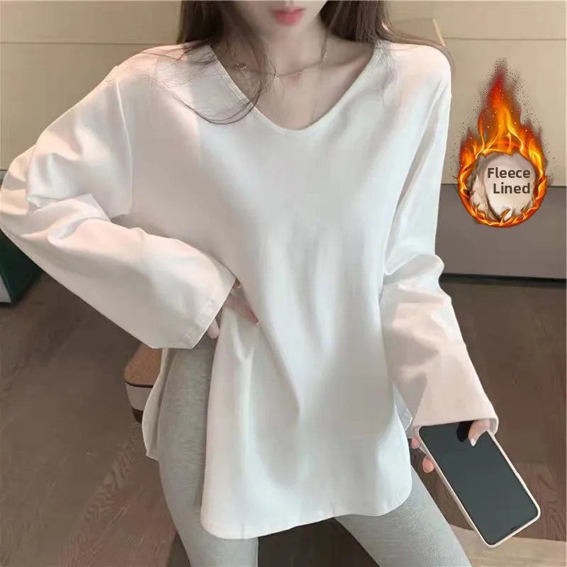 Fleece Lined V-Neck Short Sleeve Women's T-Shirt White Base Layer Shirt Warm Long Sleeve Top for Autumn Winter Commute Style