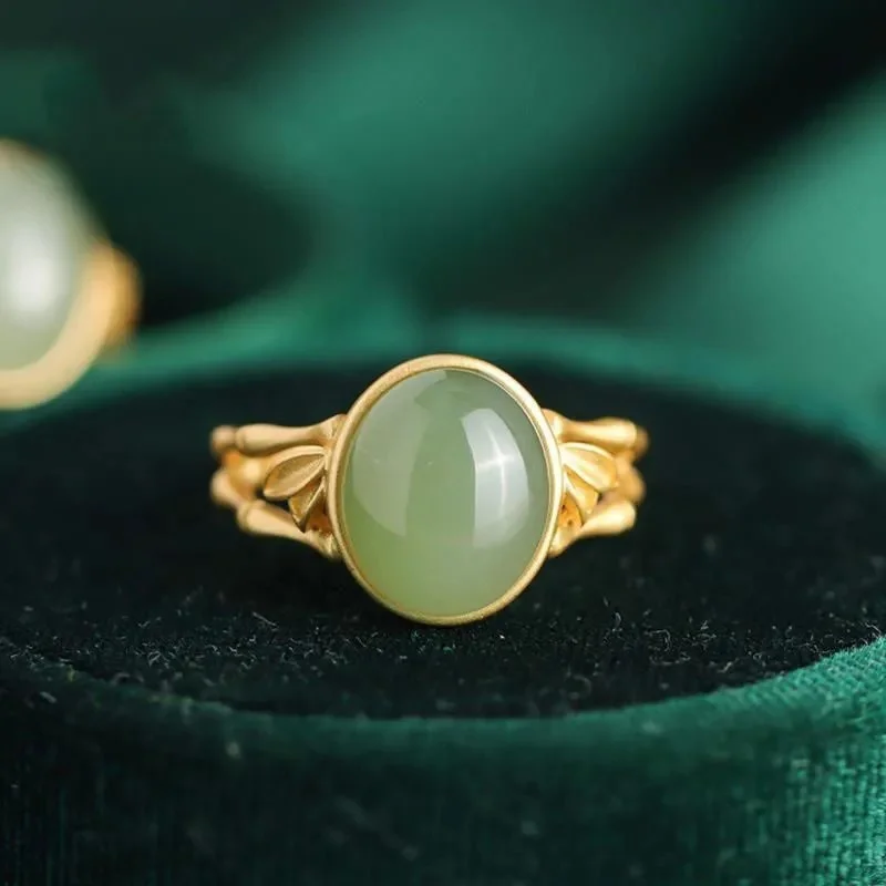 Trendy 925 Sterling Silver Ring Women Bamboo Finger Accessories Fashion Lady Jade Oval Ring Female Jewelry Adjustable image 2