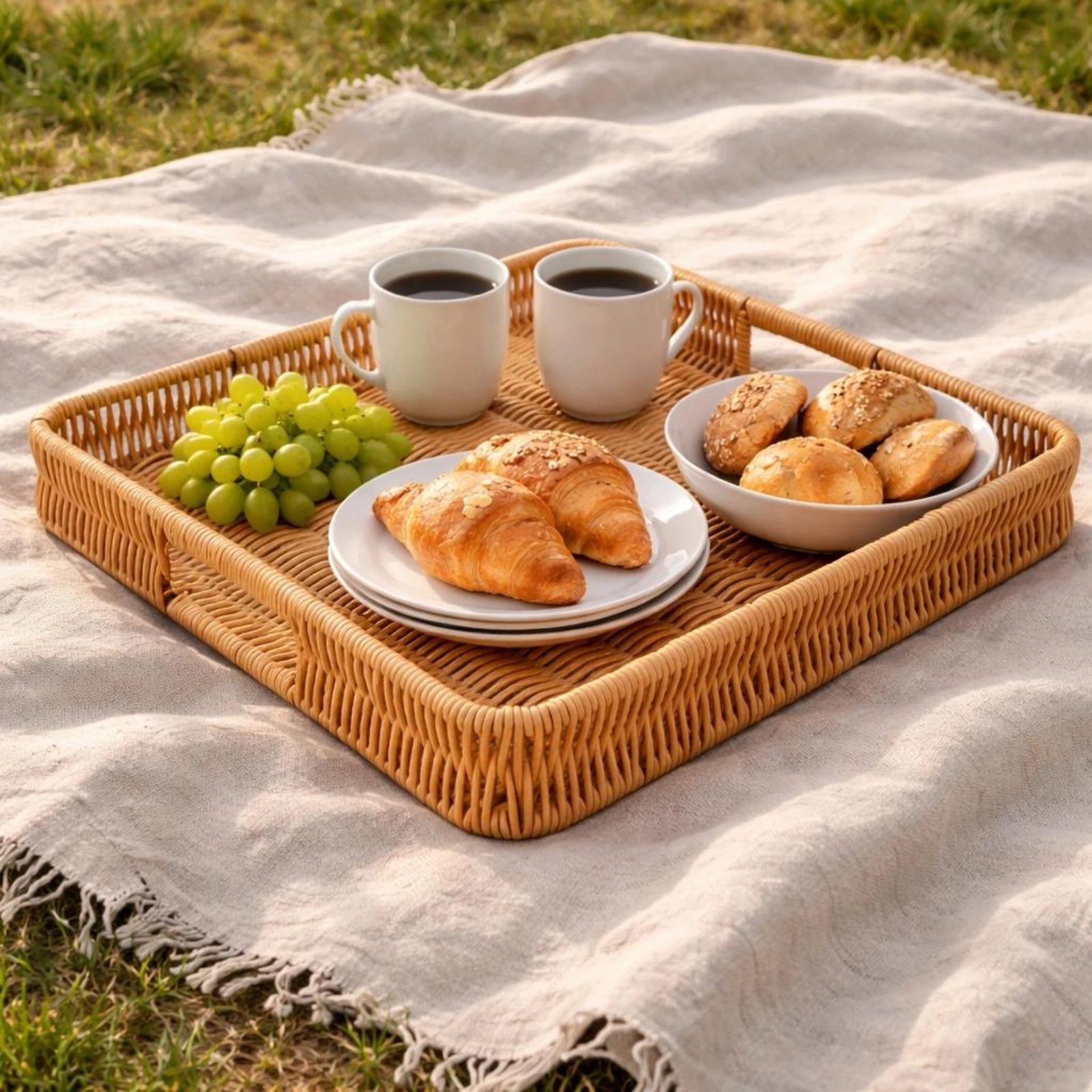 Faux Rattan Tray Long-Lasting Woven Tray Rectangular Basket Lightweight Household Piece Decorative