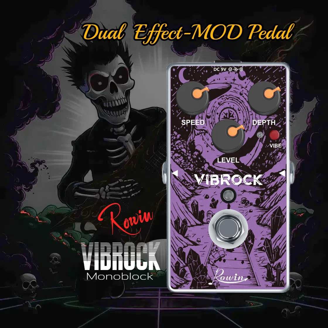 Rowin Reverb VIBROCK Chorus Pedal de múltiples efectos, Tremolo Monoblock Vibrato Crazy JIMI Effect, Pedal Dual True Bypass para guitarra
