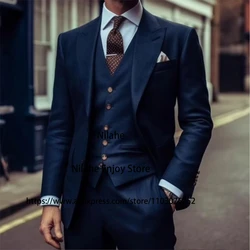 Casual Navy Blue Suits For Men Peak Lapel Business Blazer Wedding Groom Tuxedo Gentleman 3 Piece Jacket Vest Pants Costume Homme