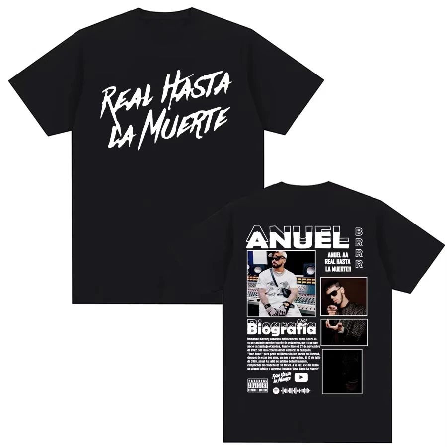

Рэпер Anuel AA Real Hasta La Muerte Cover Футболка Мужская мода Хип-хоп Негабаритные футболки Мужчины Женщины Повседневная свободная футболка с круглым вырезом