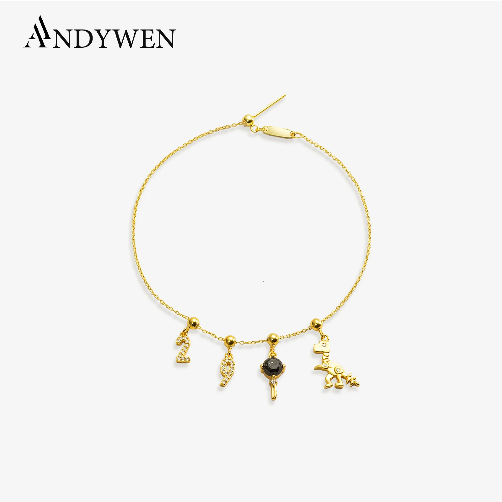 ANDYWEN 925 Sterling Silver Personalize Number 0 to 9 Charm Key Dinosaur Astronaut Bracelet Women Luxury Jewelry Making Gift