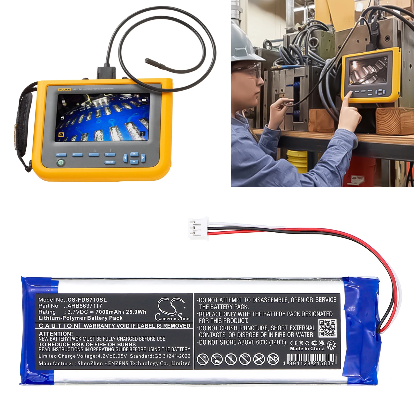 CS Replacement Battery for Fluke DS701 Diagnostic Videoscope,DS703 Diagnostic Videoscope PN:AHB6637117 7000mAh / 25.9Wh