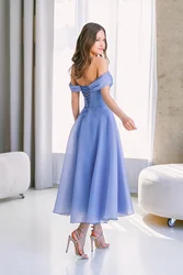 Misty Blue Sleeveless Homecoming Dresses Strapless A line Lace Up Wedding Dress Tea-Length Classy Tiered Party Fairy Dresses