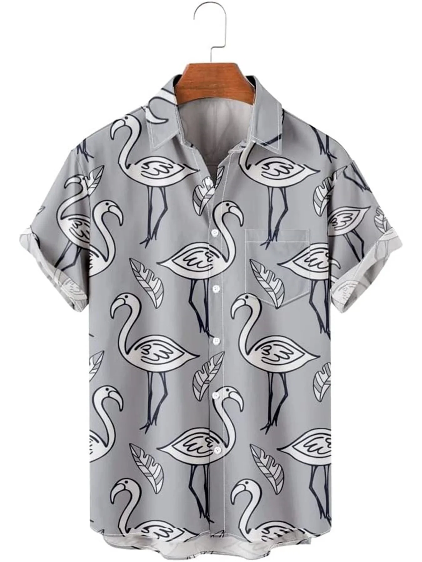 

Men's Flamingo Print Short-Sleeve Shirt - Casual Comfortable Button-Up Summer & Autumn Top, Lightweight Breathable Fabric,