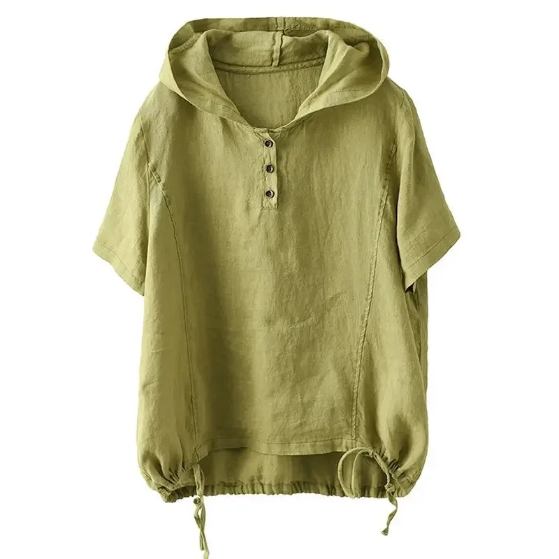 

Cotton Linen T Shirts Women Vintage Hooded T-shirt Casual Drawstring Swing Short Sleeve Tops Summer Trend Thin Tshirt Y2k Z182