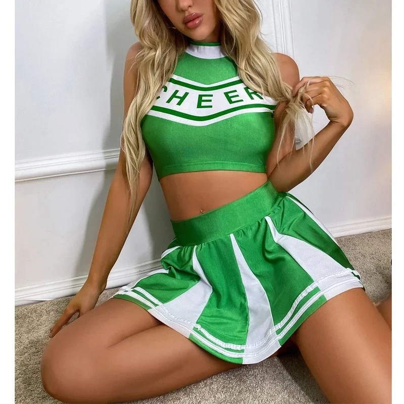 Womens High School Cheerleader Costume Stage Performance Clothes Cosplay Top with Mini Pleated Skirt Student Sports Uniform