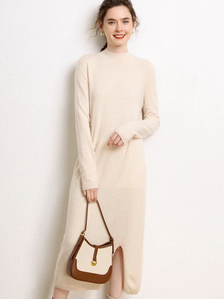 Light Luxury 100% Cashmere Spring Autumn Women Long Sleeve Mock-neck Dress Soft Casual Cashmere Knitwear Women Sweater Dress