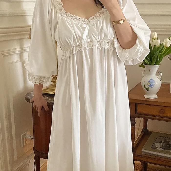 French women‘s V-neck long sleeved dress with lace and white nightgown and chest cushion sexy night wears for ladies autumn