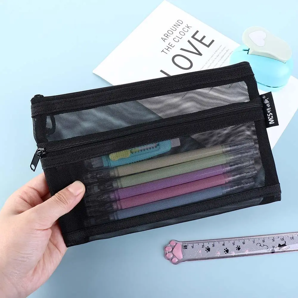 Nylon Pencil Case Large Capacity Document Cosmetic Storage Bag File Folder School Stationery Supplies Double Mesh Pencil Bag
