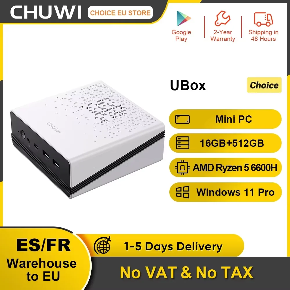 CHUWI UBox Mini PC AMD Ryzen 5 6600H 16GB DDR5 512GB SSD Windows 11 Pro 4K 144Hz Dekodowanie WiFi 6 BT 5.2 Możliwość rozszerzenia M.2 1T*2 650g