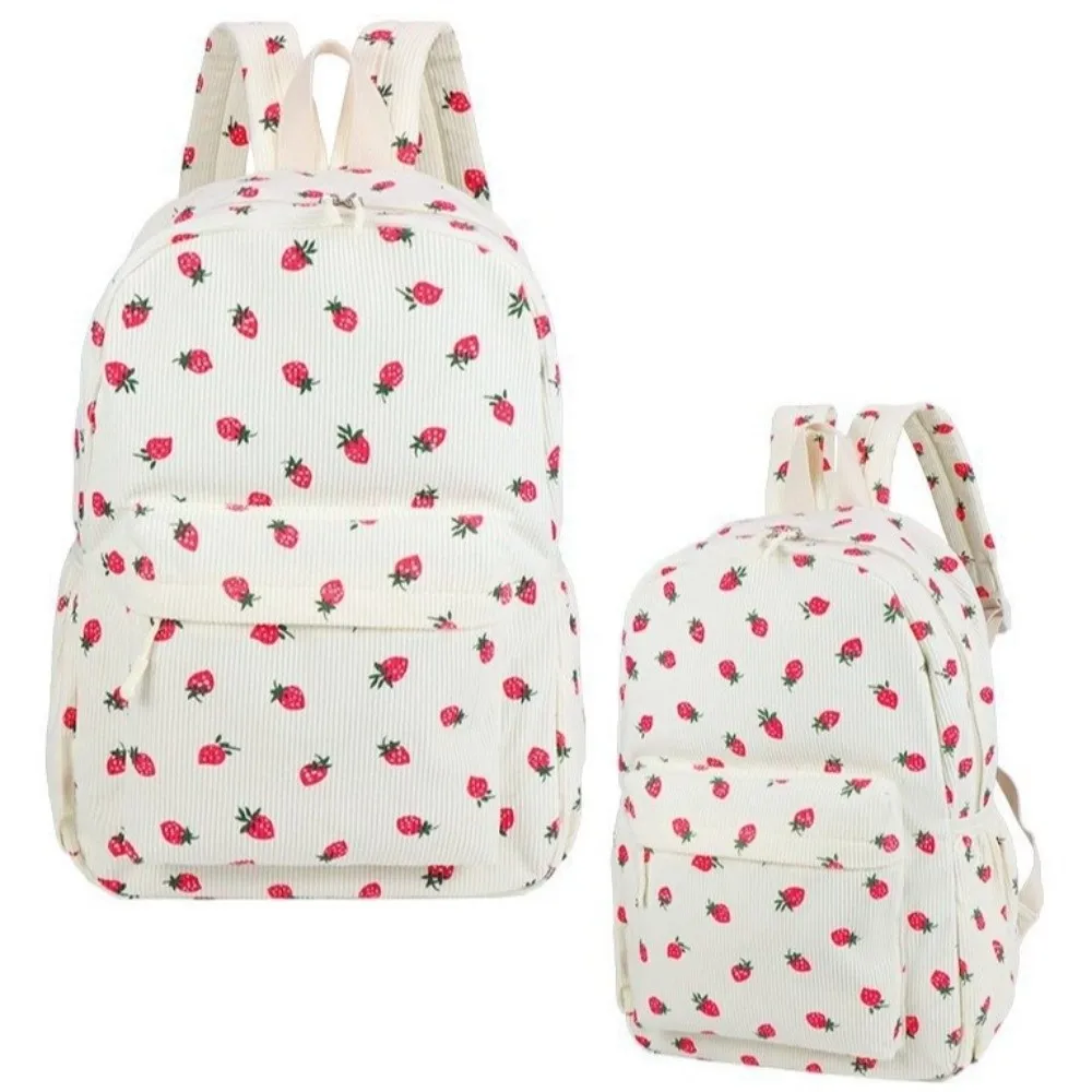 Strawberry Corduroy Backpack Lightweight Solid Color Students School Bag Portable Large Capacity Students Daypack Daily