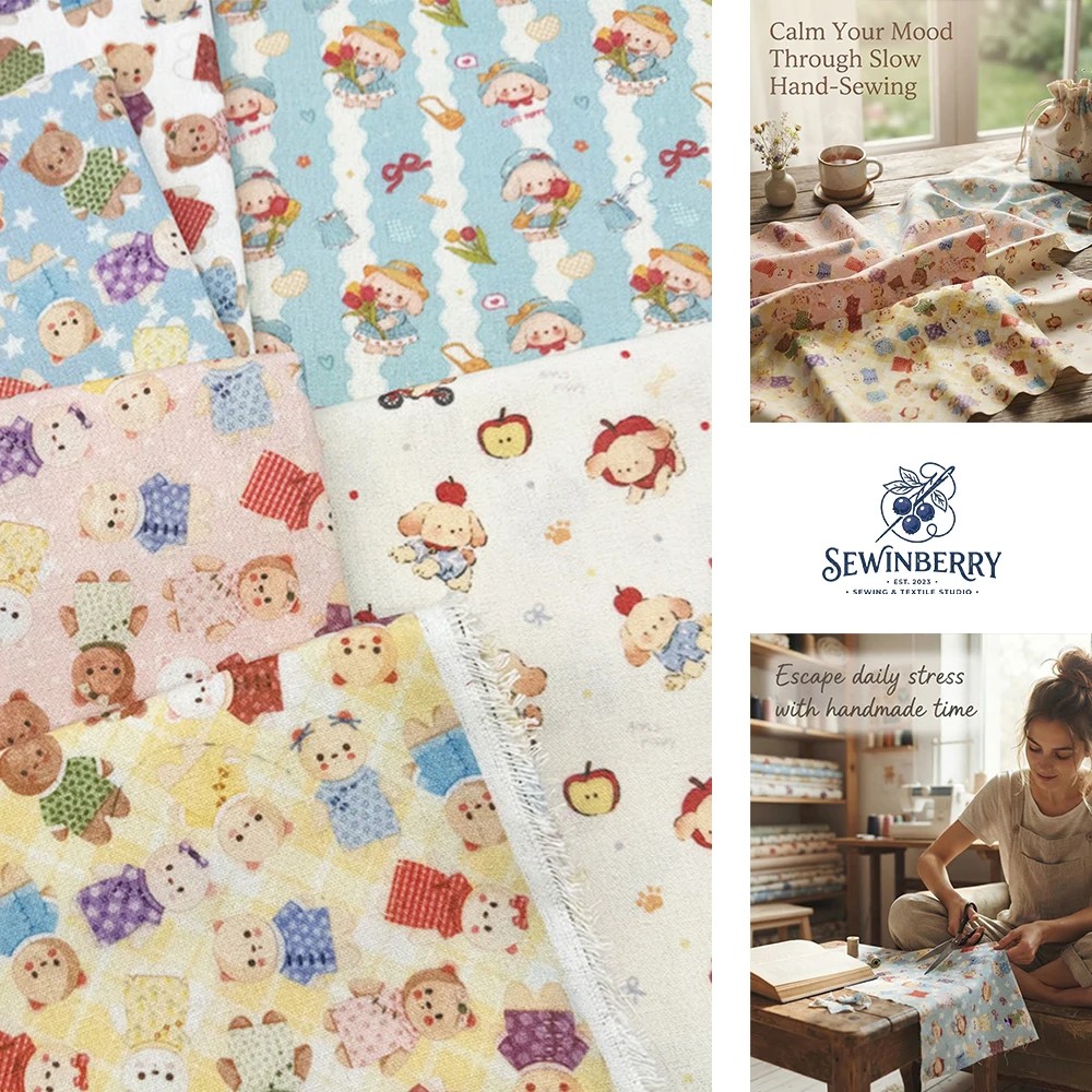 Cottagecore Cartoon Teddy Bear Doll Print Cotton Fabric Stress Relief DIY Sewing Material For Kids Dress Handmade Craft