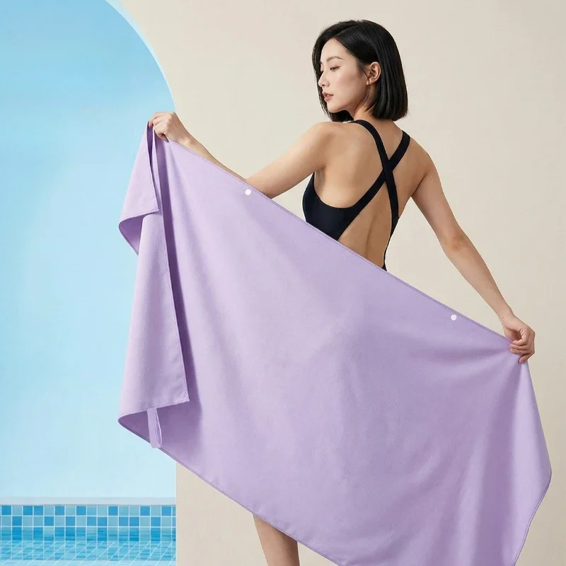 Solid Color Vertical Stripe Embossed Bath Sheet Seaside Sun Protection Cover Blanket Quick Drying Beach Towel with Buckle Design