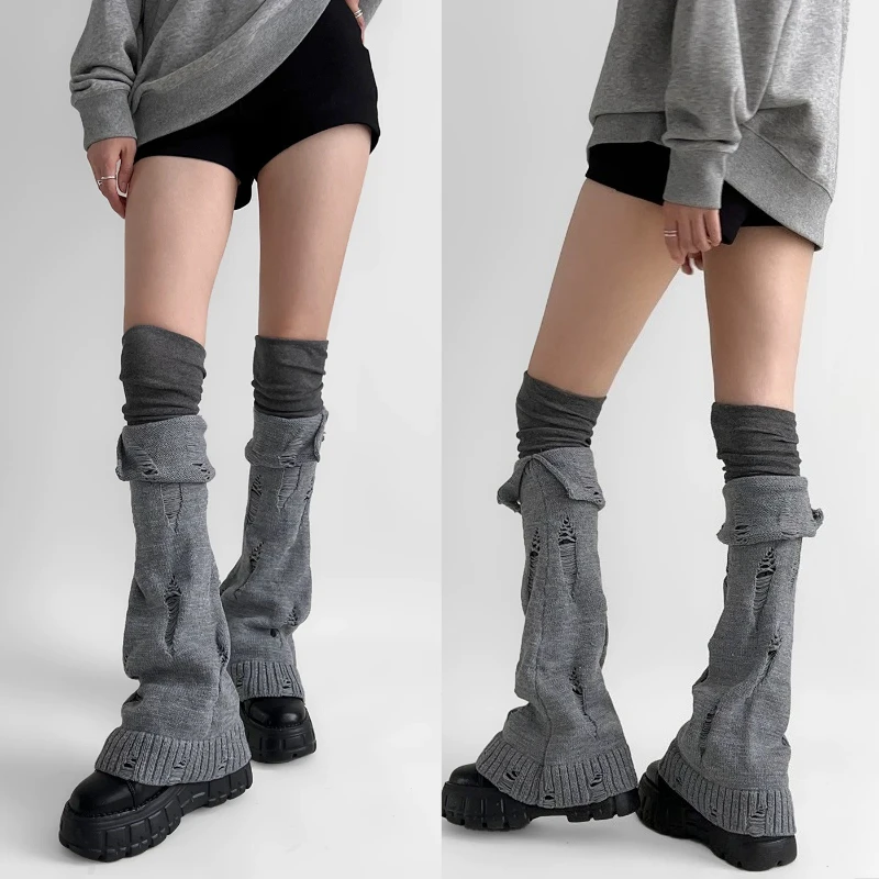 Subculture Distressed Knitted Leg Warmers Japanese Retro Cuffed Sock Sleeves Stretch Breathable Leg Covers Punk Wear Accessories