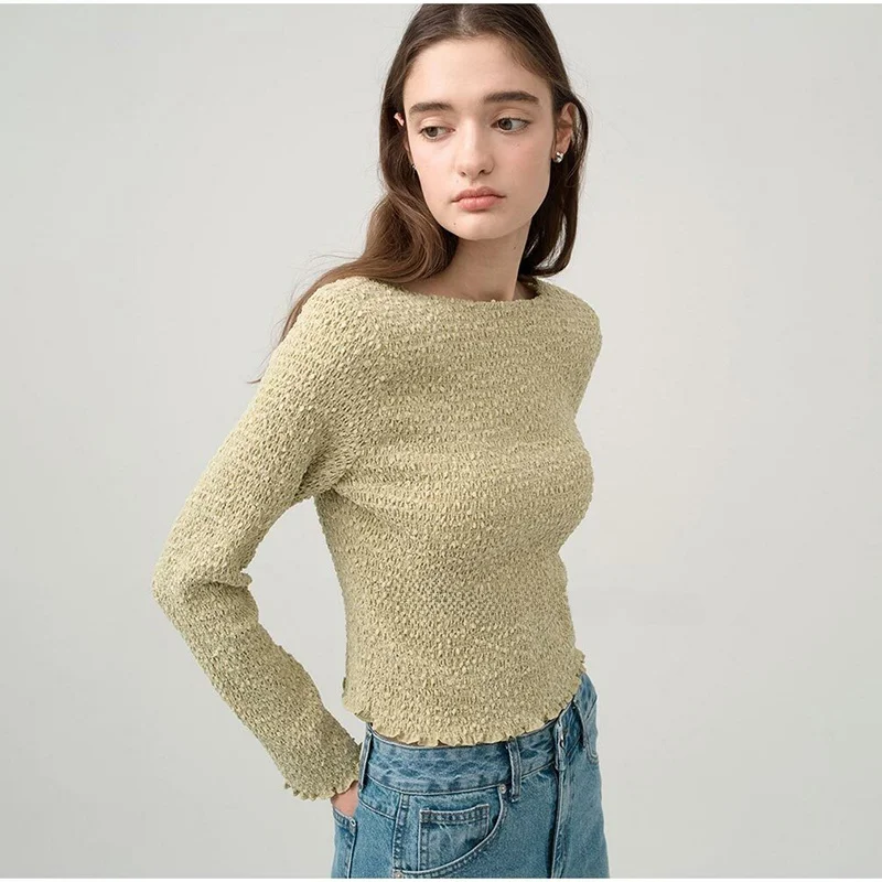 

Slimming Pleated Elastic Commute Korean Sle irt ort Length Regular Sve Long Sve Pure Color Versatile One-oulder...