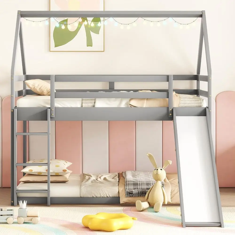 

Twin Over Twin Bunk Bed with Slide - Grey, Ladder, Guardrails, Space-Saving for Kids and Teens