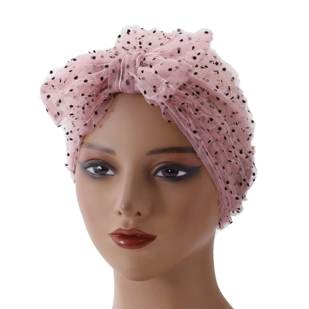 Breathable Fabric Polka Dot Mesh Bonnet Wrinkle Lace Folded Design Women Headscarf Hat Chic Turban Beanie Cap Summer Season