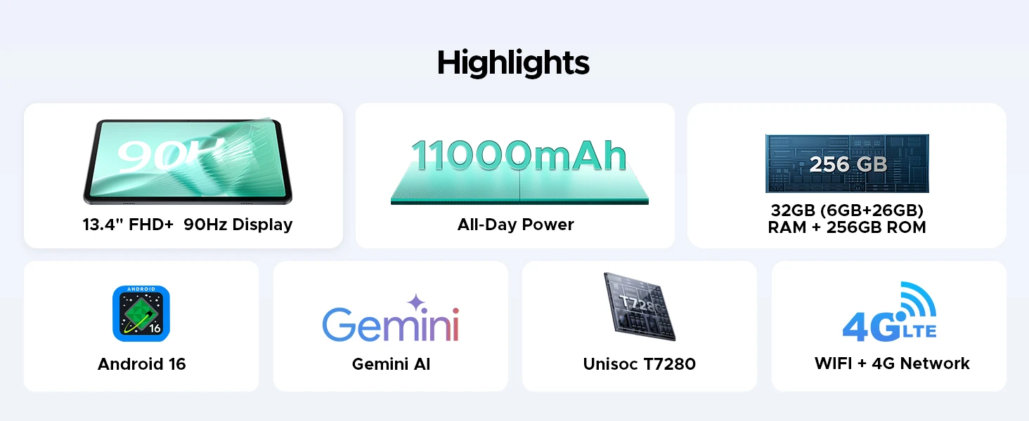 DOOGEE 2 in 1 Tablet PC Tab G6 Max Gemini Ai Android 16 13.4'' 32GB(6+26) RAM 256GB ROM 11000 mAh Battery 7.7 mm Slim Widevine L1 Support Smart Tablet