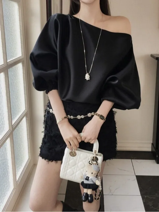 Shoulder Bared Bubble Sleeve Shirt Women's Summer New Style Pure Color Top Design Sensation Diagonal Collar Versatile Korean ...