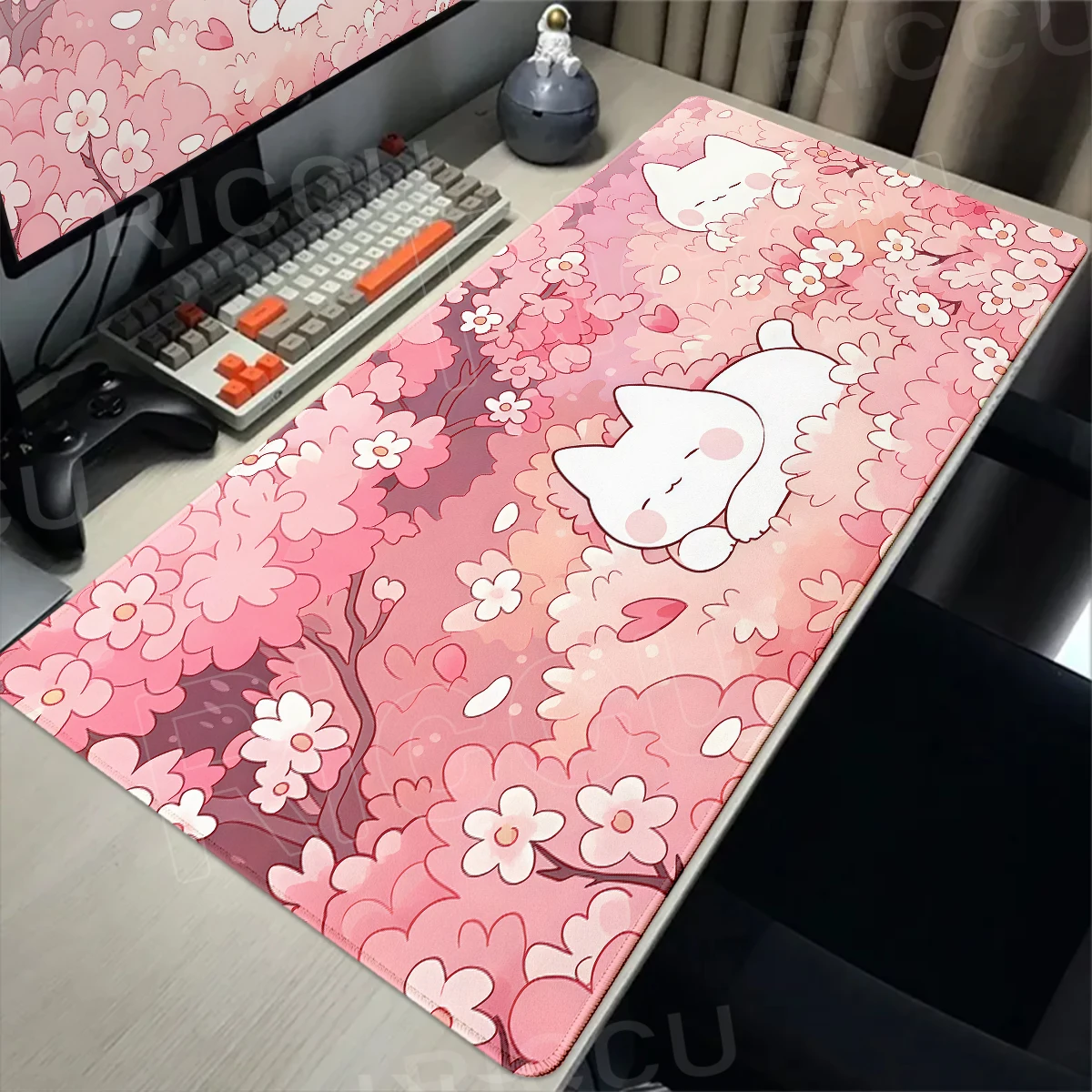 Cartoon Rosa Sakura und Katze Mauspad Büro-Schreibtischunterlage Großes Gaming XXL Laptop-Mauspad Schreibtisch-Dekoration Tischmatte Erweiterte Anime-Unterlage