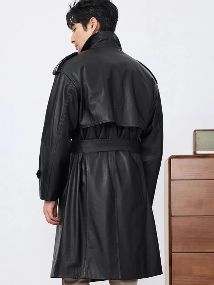 Autumn Luxury Cow Leather Men Long Jacket Sashes Double-Breasted Windbreaker Knee Length Overcoat Suit Collar Business Jackets