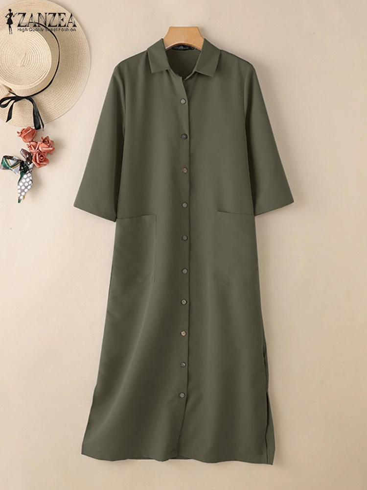 ZANZEA femmes robes longues décontractées automne 2025 col rabattu boutonné poche plaquée fente latérale chemise femme vêtements de trajet 3XL