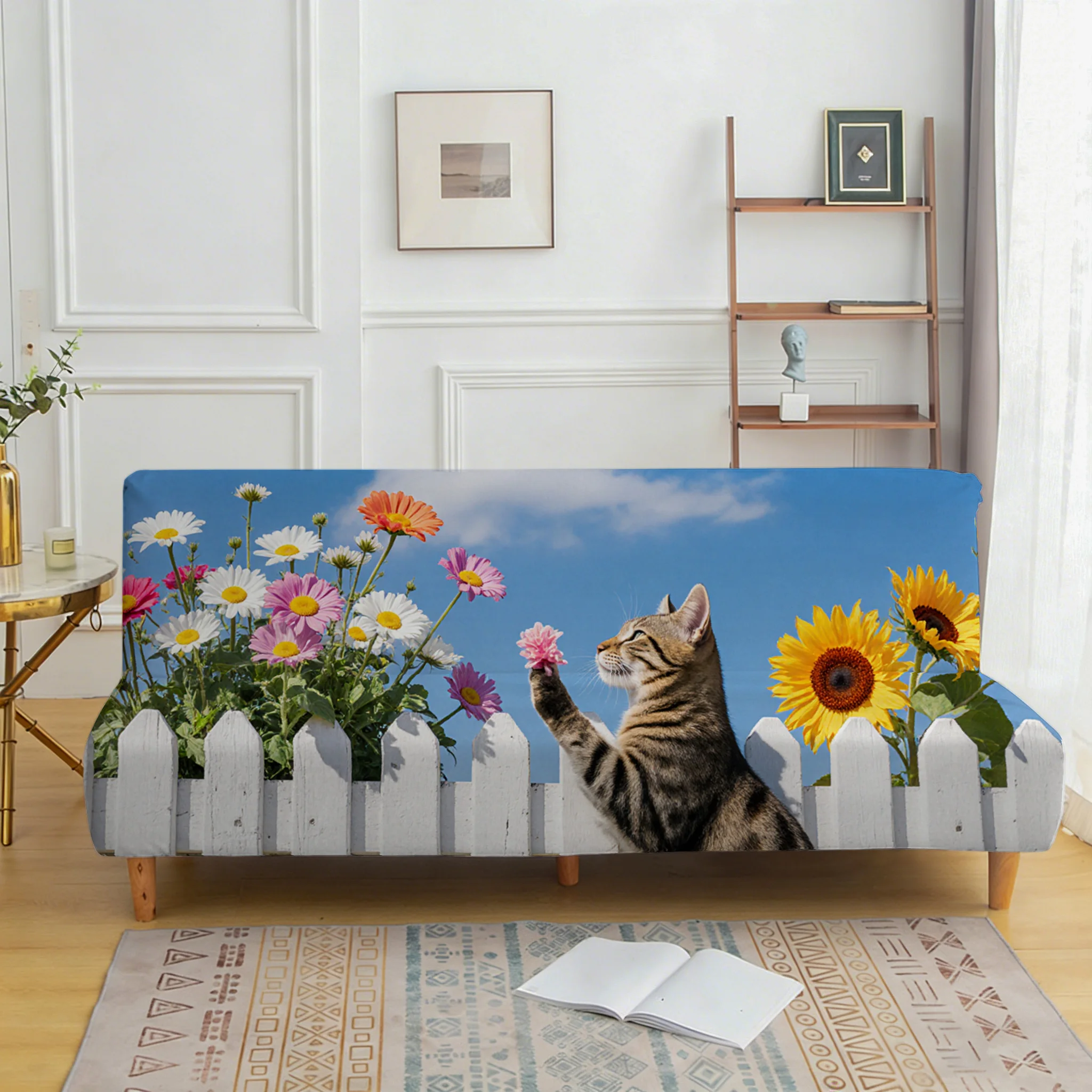 Fence cat flower bush elastic sofa bed cover, living room sofa bed cover, dustproof machine washable sofa bed cover