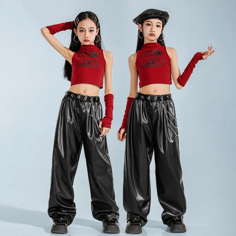 

Children Modern Jazz Performance Stage Costumes For Girls Red Vest Black Leather Pants Outfits Hip Hop Dance Clothing DQS19321