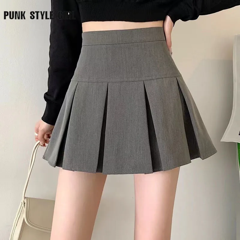 

Gray Women Summer High Waist Pleated Skirts Fashion Solid Preppy Zipper A Line Skirts Ladies Streetwear All-Match Mini Skirts