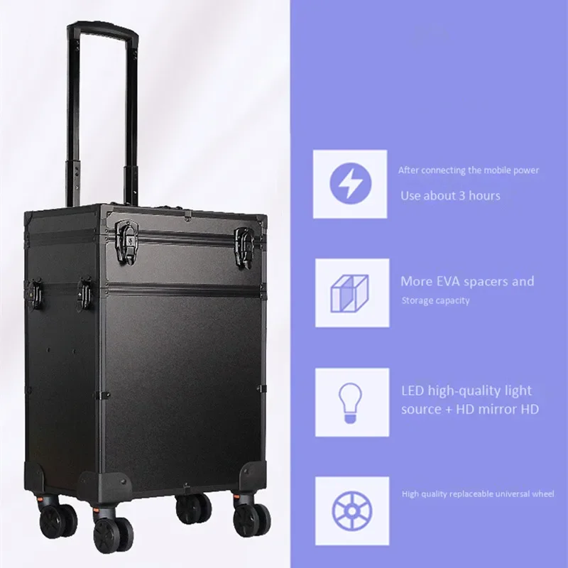 Aluminum Frame PVC Cosmetic Bag Mirror LED Light Trolley Beauty Case Makeup Artist Nail Tattoo Toolbox Contact Suitcase Travel
