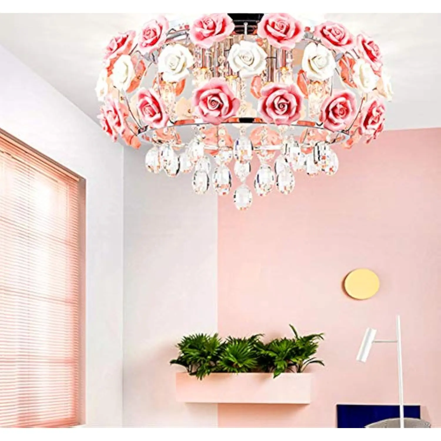

Morechange 19.5Inch Crystal Ceiling Light Fixtures Flush Mount Ceramic Rose Flowers, Chandelier Pendant Lighting with 5-Light