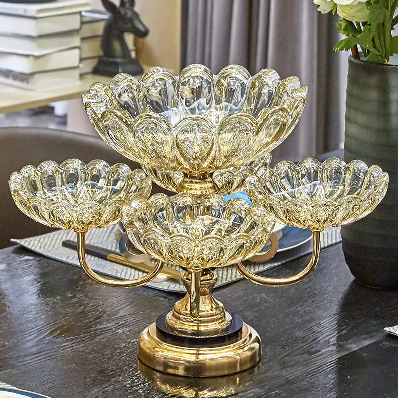 

Luxury luxury gold crystal glass double fruit bowl European home living room hotel 5 snacks.