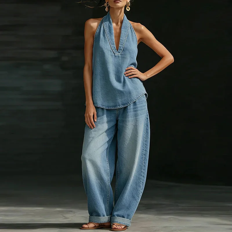 

Women's Casual Sleeveless Top&Pants Holiday Suit Summer Hollow Solid Color Loose Outfit Spring Summer Vintage Denim 2 Piece Set