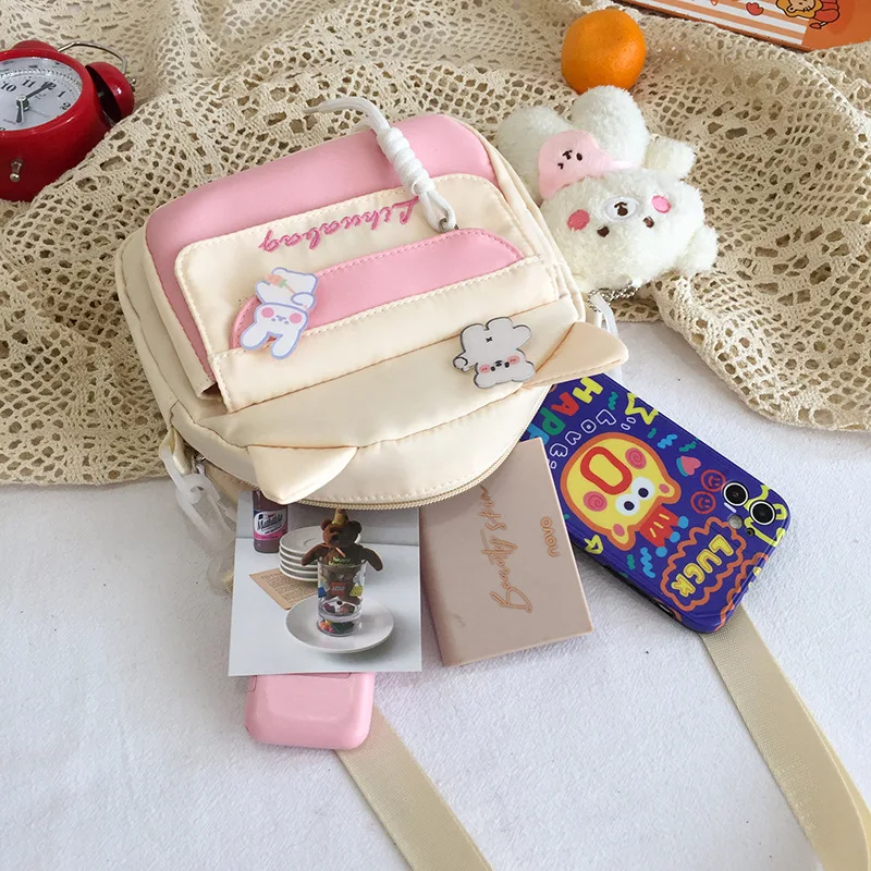 Canvas Cat Cute Little Bear Pendant Sweet Soft Girl Student Single Shoulder Crossbody Phone Storage Bag Female