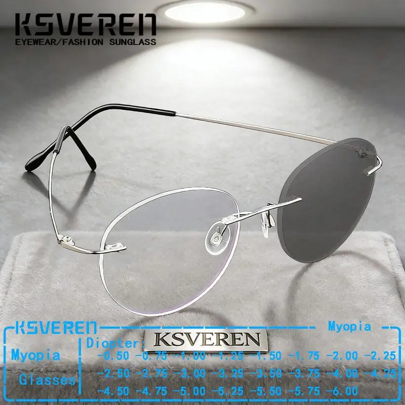 Rimless Titanium Alloy Photochromic Myopia Eyeglasses Men Women Round Prescription Sun‑Activated Color‑Changing Outdoor Optical