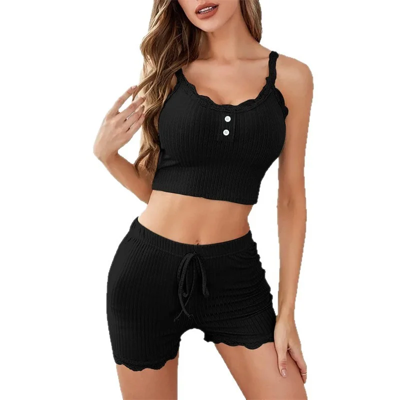 Women 2‑Piece Pajama Set Ribbed Lace Trim Cami Crop Top And Drawstring Shorts Casual Loungewear Sleepwear Set