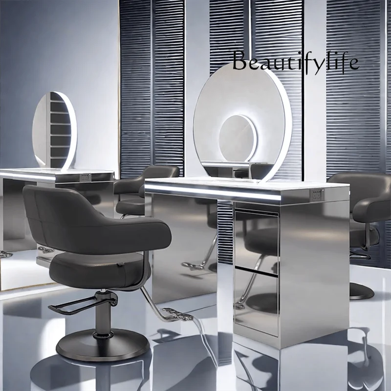 B Hair salon special mirror table Barber shop desktop double-sided mirror Stainless steel beauty salon mirror table