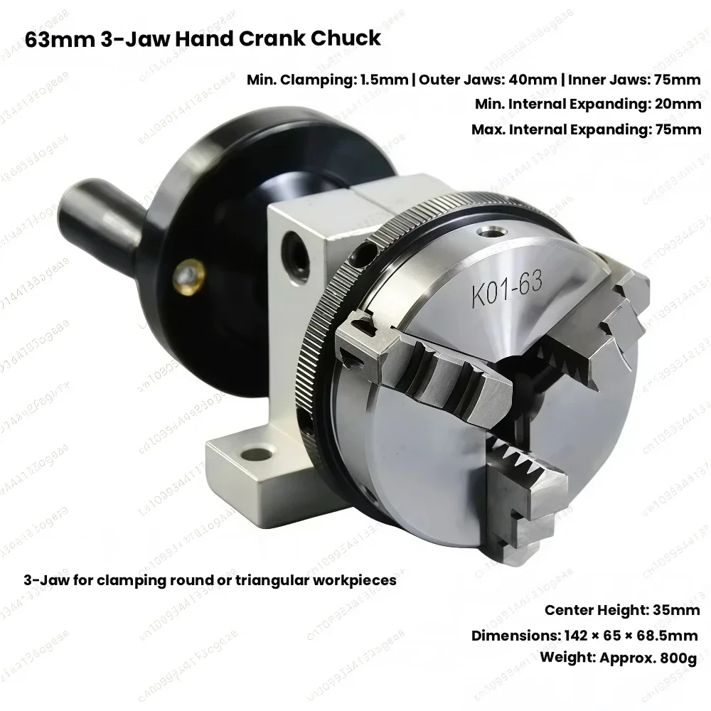Mini 50/63mm 3/4-Jaw Hand Rotating Chuck, Center Height 35mm, Bearing Steel, Forward/Reverse, Smooth Damping