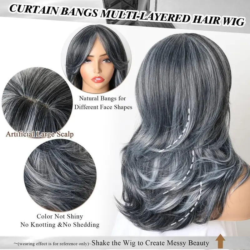 Cross-border European and American style wig with side-swept bangs, long layered hairstyle, gray synthetic fiber, medium-length