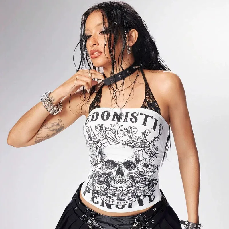 

2000s American Creative Fashion Print Skull Cartoon Gothic Camisole Sexy Slim Spice Girl Hanging Neck Collar Street Summer Tanks