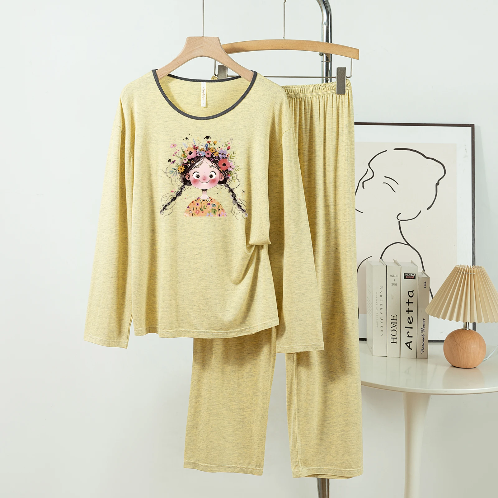 

5181-251 Casual and Comfortable Modal Cotton Pajamas for Women, New Spring and Autumn Long-Sleeved Long Pants Solid Color Casual