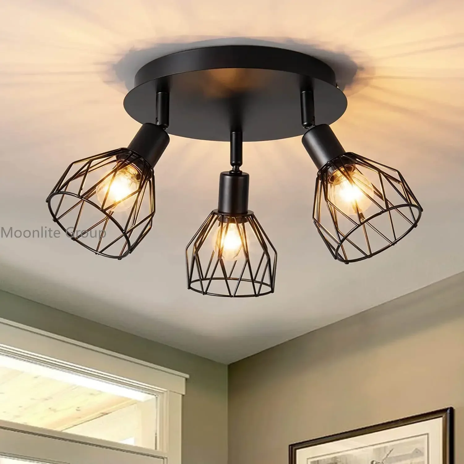 Retro wrought iron ceiling lamp Black three-headed industrial ceiling lamp can rotate 360 led lights for bedroom.