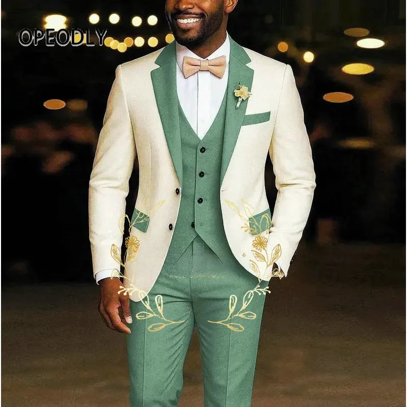 

Ivory Men's 3 Pieces Suit Blazer Light Green Vest Pants Wedding Tuxedos Formal Male Suit for Groomsmen Prom
