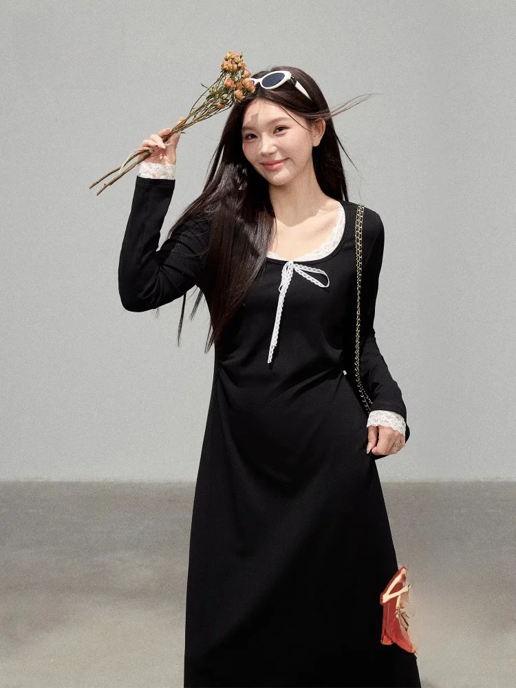 

Вечернее платье больших размеров с кружевной отделкой, стройнящее, черное, для полных женщин, с завышенной талией, длинное, вязаное