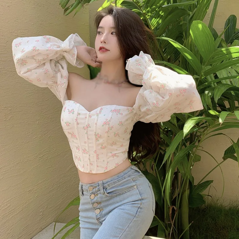 Summer Korean Retro Floral Blouse One-shoulder Slim Sexy Long-sleeved Blouse Navel Bubble Long-sleeved Shirt