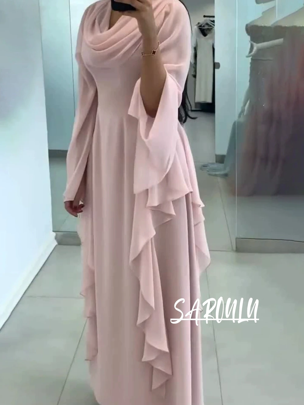 

Ruffled Chiffon Romantic Evening Dress Draped Formal Long Sleeves Cocktail Gown Women Date Party Graceful Simple Prom Wear